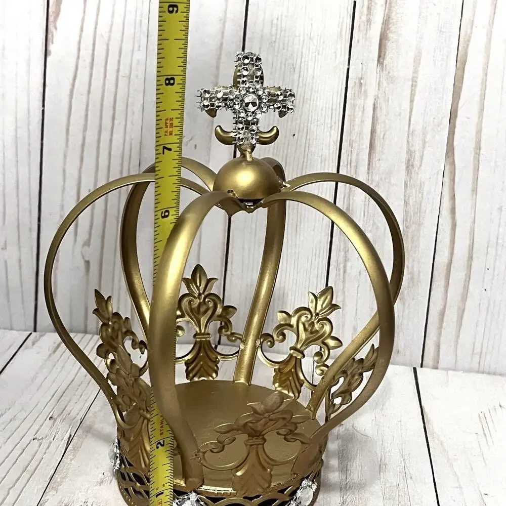 Gold Metal Crown Cake Topper Lightweight Fleur De Lis Rhinestone Design 8.5